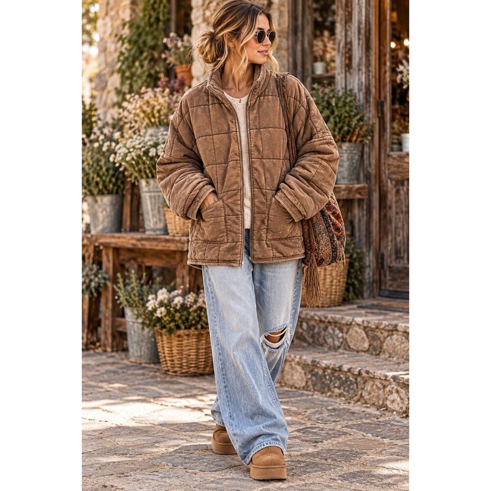 Forever 21 Quilted Jacket Women Medium Brown Mineral Wash Zip Up Mock Neck Boxy